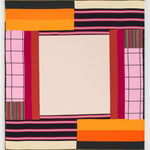 Vertical rectangular textile piece. The center is a large cream square. To left and right are stripes and grids in bright pink, magenta, and dark orange. The top right and bottom left corners are blocks of black, brown, cream, and hot pink stripes. The top left and bottom right corners are blocks of cream, brown, black, orange, and yellow-orange stripes.