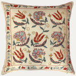 Unique Suzani Cushion with Silk Hand Embroidered Floral Motifs on Silk & Cotton Base Cloth