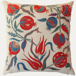 Unique Suzani Cushion with Silk Hand Embroidered Pomegranate and Tulip Motifs on Silk & Cotton Base Cloth
