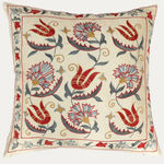 Unique Suzani Cushion with Silk Hand Embroidered Hyacinth and Carnation Motifs on Silk & Cotton Base Cloth