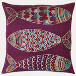 Unique Suzani Cushion with Silk Hand Embroidered Fish Motifs on Purple Silk & Cotton Base Cloth