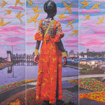 Joana Choumali, The Day Dreamer, 2025. A triptych showing a girl in a red dress standing among swallows