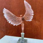Bronze sculpture of mythical Greek winged figure Icarus by Nicola Godden, displayed on integral plinth