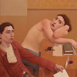 Painting of a man and woman at a table drinking wine