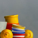 Detail of Lemons with light green bowl, stack of striped bowls, and small bowls