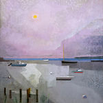 Oil painting of boats with expansive purple sky