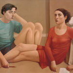 Man in a blue shirt and a woman in a red dress sitting on a bedroom floor