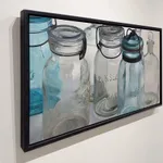 Oil painting of 4 clear glass vessels on white table cloth on linen