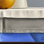 On a white cloth a centrally placed bosc pear stands tall, framed between a set of two long-necked white porcelain vases. The length of the objects reminded Rickus of Giacometti's sculptures.