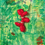 Red balloon dog taped to great colored board