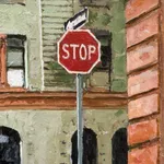 Painting of a cobblestoned street in New York City