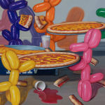 Bottom right detail of 14 multicolored balloon dogs having a pizza party