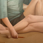 Man in a blue shirt and a woman in a red dress sitting on a bedroom floor