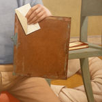 Self portrait painting with blue shirt