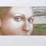 Female head in front of a landscape