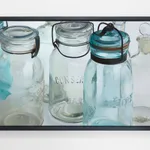 Oil painting of 4 clear glass vessels on white table cloth on linen