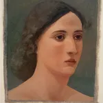 Female head portrait with dark hair and light skin