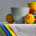 Detail of Lemons with light green bowl, stack of striped bowls, and small bowls