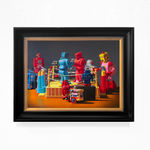 Rock-em Sock-em robots fight with other robot toys watching