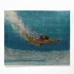 Mixed media resin work of girl in red bikini diving towards floor