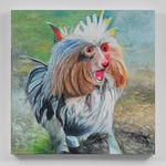 Alexander Reben, A Brown and White Dog Sitting in the Grass Holding a Frisbee in Its Mouth, 2018