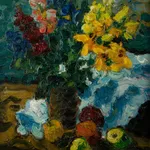 Karl Stark, Dunkelblauer Glaskrug mit Äpfeln, 1976