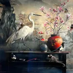 Jason Wheatley still life oil painting with white heron against asian screen backdrop purchase at Gilman Contemporary