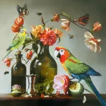colorful floral still life oil painting by Jason Wheatley with toucan butterflies bees limes available at Gilman Contemporary