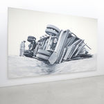 black and white painting of a truck toppled over on a road