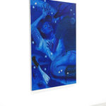 monochromatic blue painting of two men straddling each other in the grass