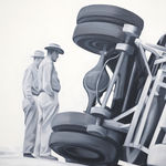 black and white painting of a truck toppled over on a road