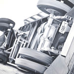 black and white painting of a truck toppled over on a road