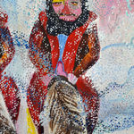 painting of two riders on white horses