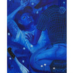 monochromatic blue painting of two men straddling each other in the grass