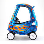 photo of a blue childrens car with painted flames