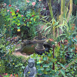 plein air painting of an overgrown backyard