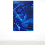 monochromatic blue painting of two men straddling each other in the grass