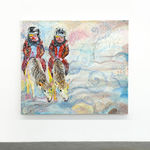 painting of two riders on white horses