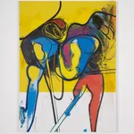 oil painting depicting abstract figures against a color blocked white and yellow background