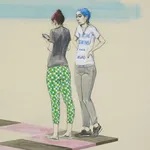 A detail of a a mixed media drawing of a landscape with a square circle henge in the middle and three people around it.