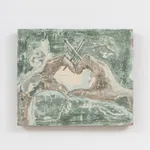 acrylic painting on wood panel depicting two hands forming a heart shape, both holding joints