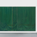 An oil on canvas piece depicting velvety, evergreen curtains.