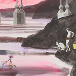 A detail of a big, mixed media drawing of boys fishing beneath a bridge with pink sky,