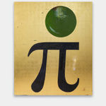 painting depicting a forest green orb over a "pi" symbol over a golden paneled background.