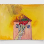 oil painting depicting a burning house against a yellow background, a hand holding a bouquet in front of it in the foreground