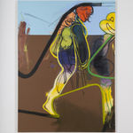 oil painting depicting abstract figures against a color blocked blue and brown background