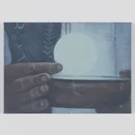 mixed media painting depicting a man holding an orb over a dish