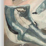 An abstracted oil on canvas image of various suited men lying on a large bed