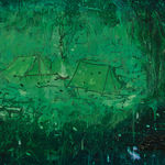 A mixed media image depicting two tents set up in a glade situated in the middle of a shadowy forest.