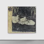 Oil on canvas of a pair of massive neutral colored sneakers